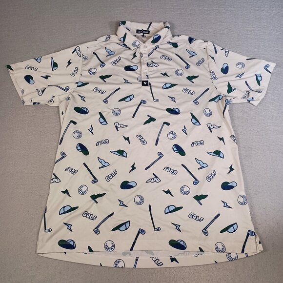 Bad Birdie Men's XL Yard Sale Golf All Over Print Stretch Preppy White Polo - Picture 1 of 7